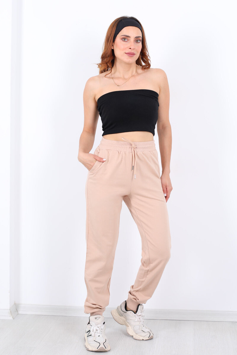 Bel Paça Lastikli Basic Bej Kadın Eşofman Altı - 5