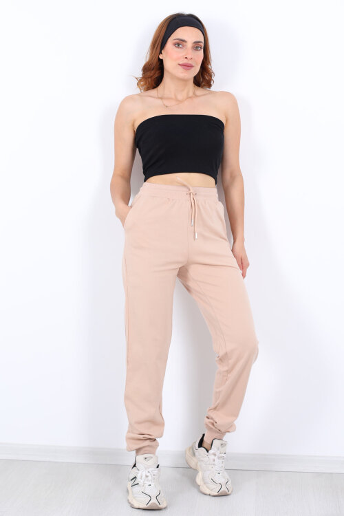 Bel Paça Lastikli Basic Bej Kadın Eşofman Altı - Berox