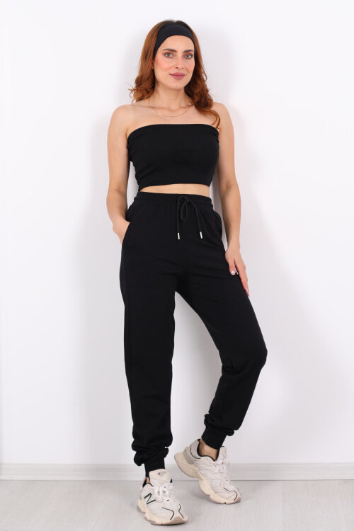 Bel Paça Lastikli Basic Siyah Kadın Eşofman Altı - 3