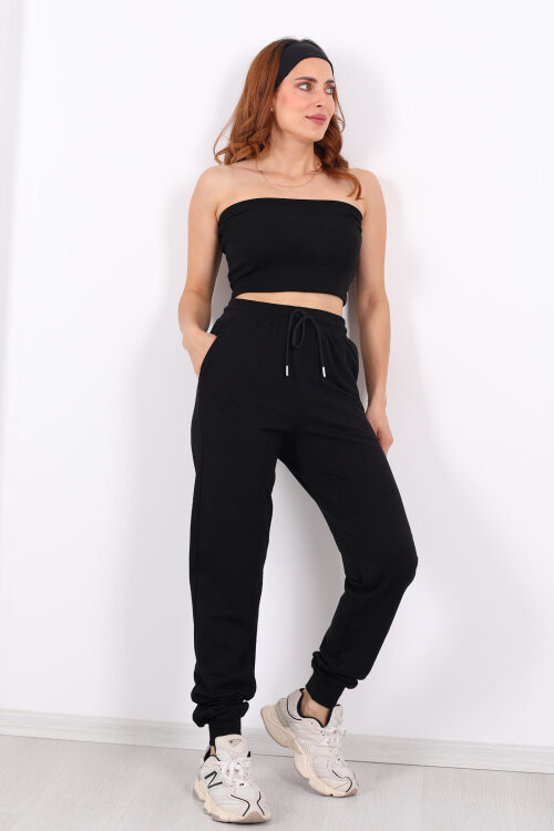 Bel Paça Lastikli Basic Siyah Kadın Eşofman Altı - Berox