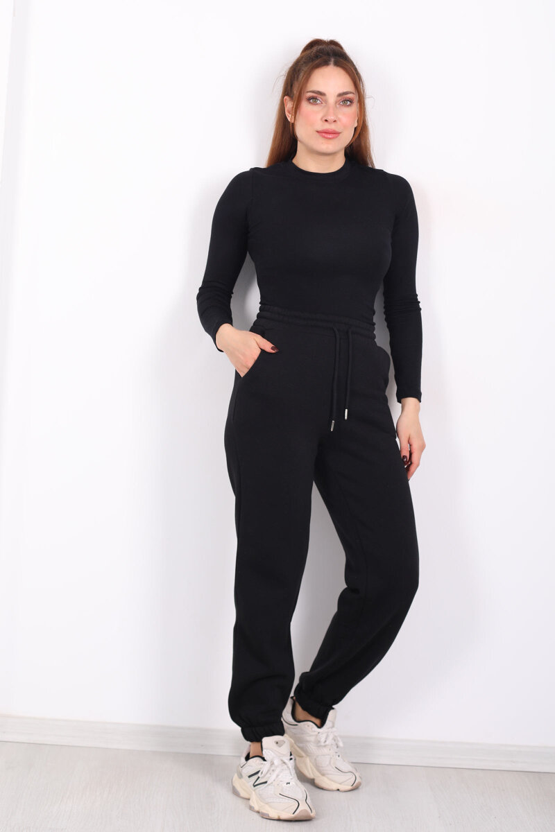 Bel Paça Lastikli Cepli Siyah Kadın Eşofman Altı - 5