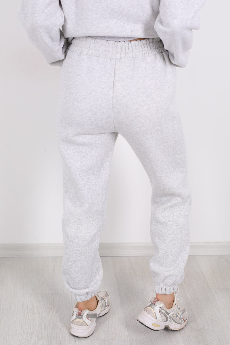 Bel Paça Lastikli Gri Melanj Kadın Üç İplik Eşofman Altı - 5