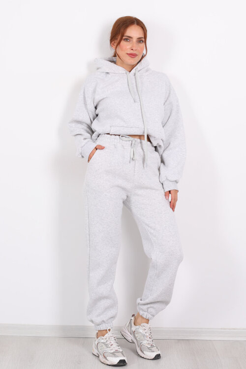 Bel Paça Lastikli Gri Melanj Kadın Üç İplik Eşofman Altı - Berox