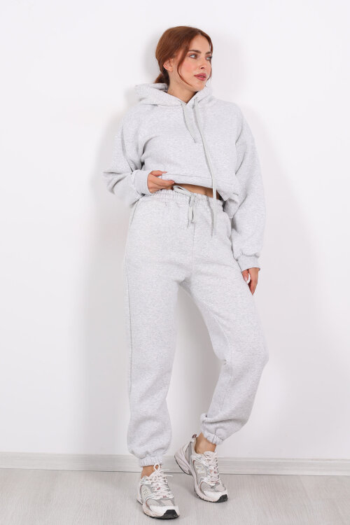 Bel Paça Lastikli Gri Melanj Kadın Üç İplik Eşofman Altı - 3