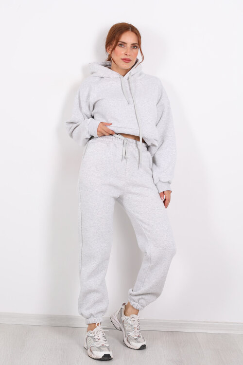 Bel Paça Lastikli Gri Melanj Kadın Üç İplik Eşofman Altı - 4