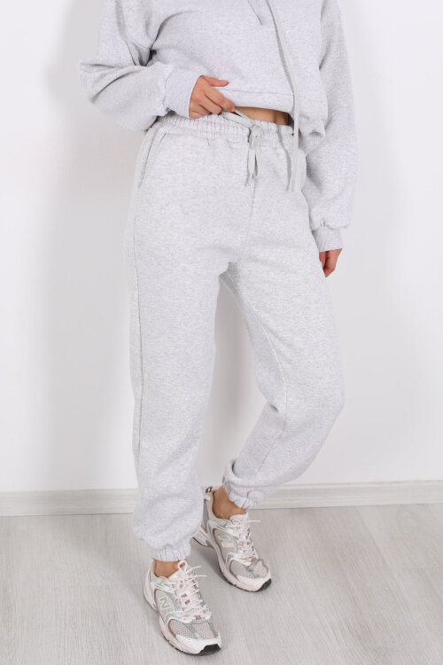 Bel Paça Lastikli Gri Melanj Kadın Üç İplik Eşofman Altı - Berox (1)