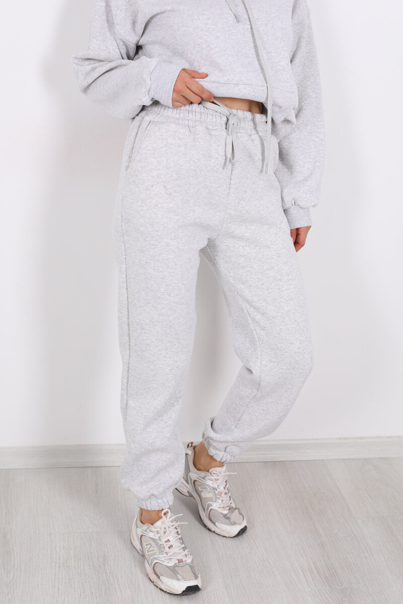 Bel Paça Lastikli Gri Melanj Kadın Üç İplik Eşofman Altı - 2