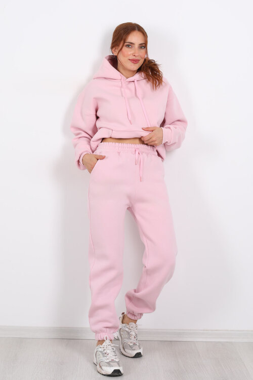 Bel Paça Lastikli Pembe Kadın Üç İplik Eşofman Altı - Berox