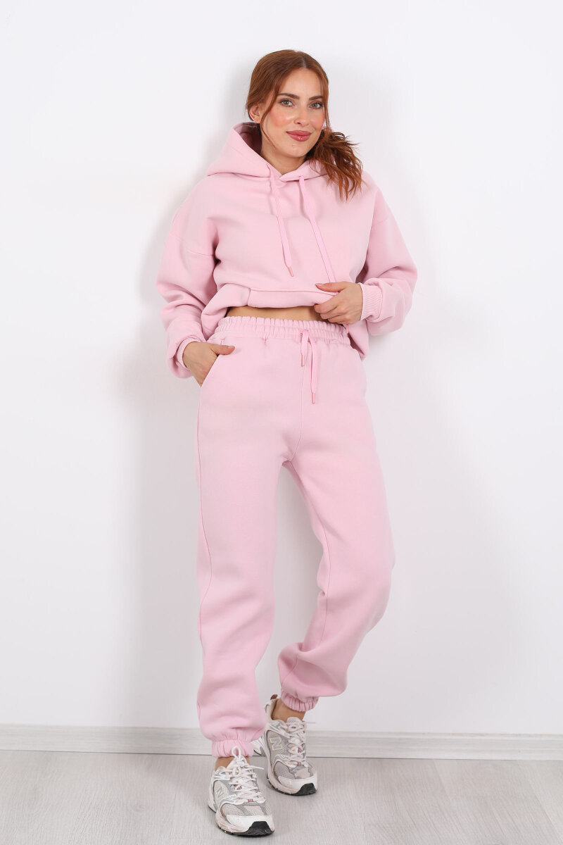 Bel Paça Lastikli Pembe Kadın Üç İplik Eşofman Altı - 1