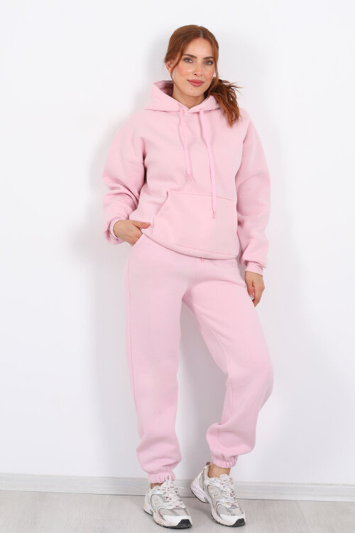 Bel Paça Lastikli Pembe Kadın Üç İplik Eşofman Altı - 4