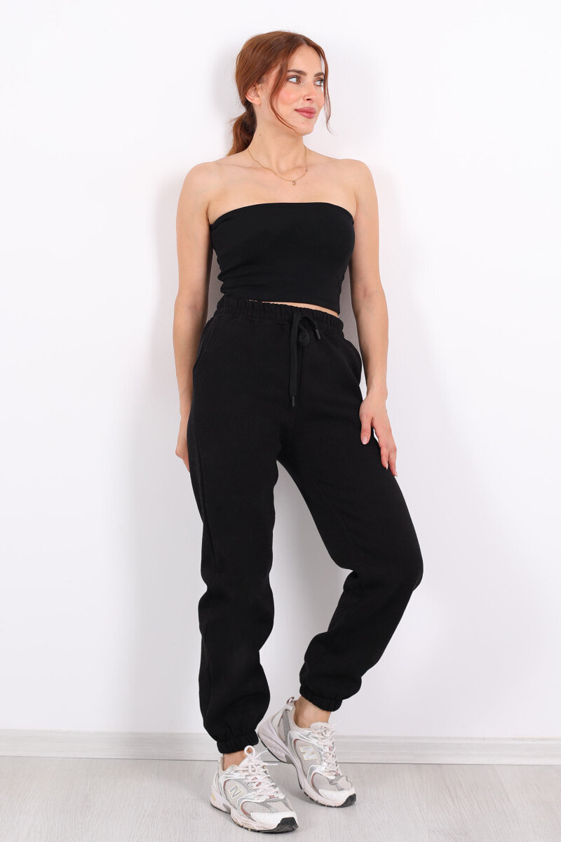 Bel Paça Lastikli Siyah Kadın Üç İplik Eşofman Altı - 1