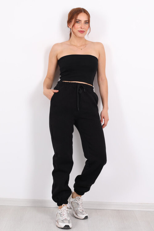 Bel Paça Lastikli Siyah Kadın Üç İplik Eşofman Altı - 3