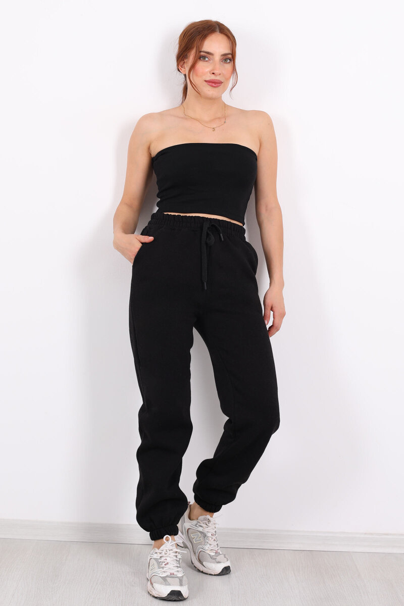 Bel Paça Lastikli Siyah Kadın Üç İplik Eşofman Altı - 3