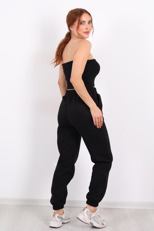 Bel Paça Lastikli Siyah Kadın Üç İplik Eşofman Altı - 5