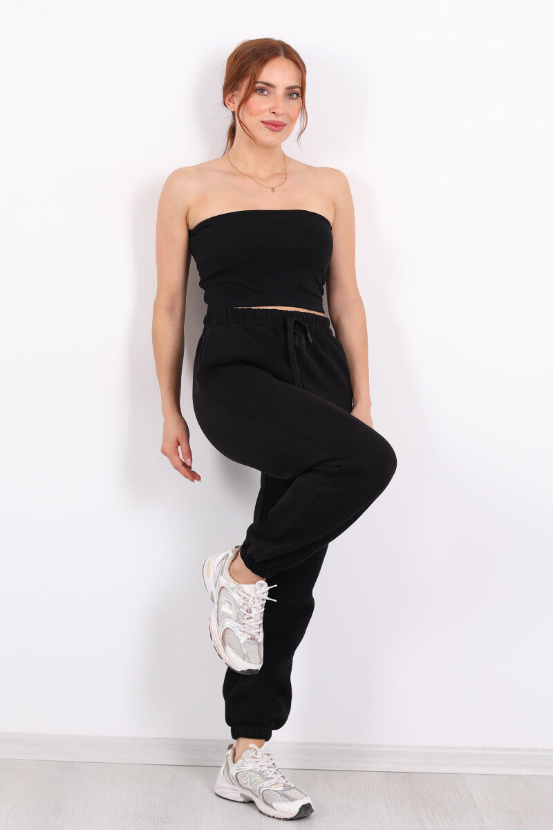 Bel Paça Lastikli Siyah Kadın Üç İplik Eşofman Altı - 4