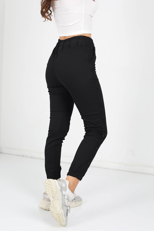 Yanı Çıtçıtlı Paça Lastikli Siyah Kadın Pantolon - 5