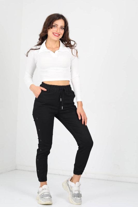 Yanı Çıtçıtlı Paça Lastikli Siyah Kadın Pantolon - 1