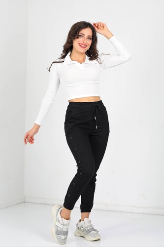 Yanı Çıtçıtlı Paça Lastikli Siyah Kadın Pantolon - 4