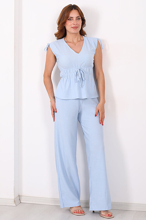 Belden Büzgülü Bluz Pantolon Bebe Mavi Kadın Takım - 4