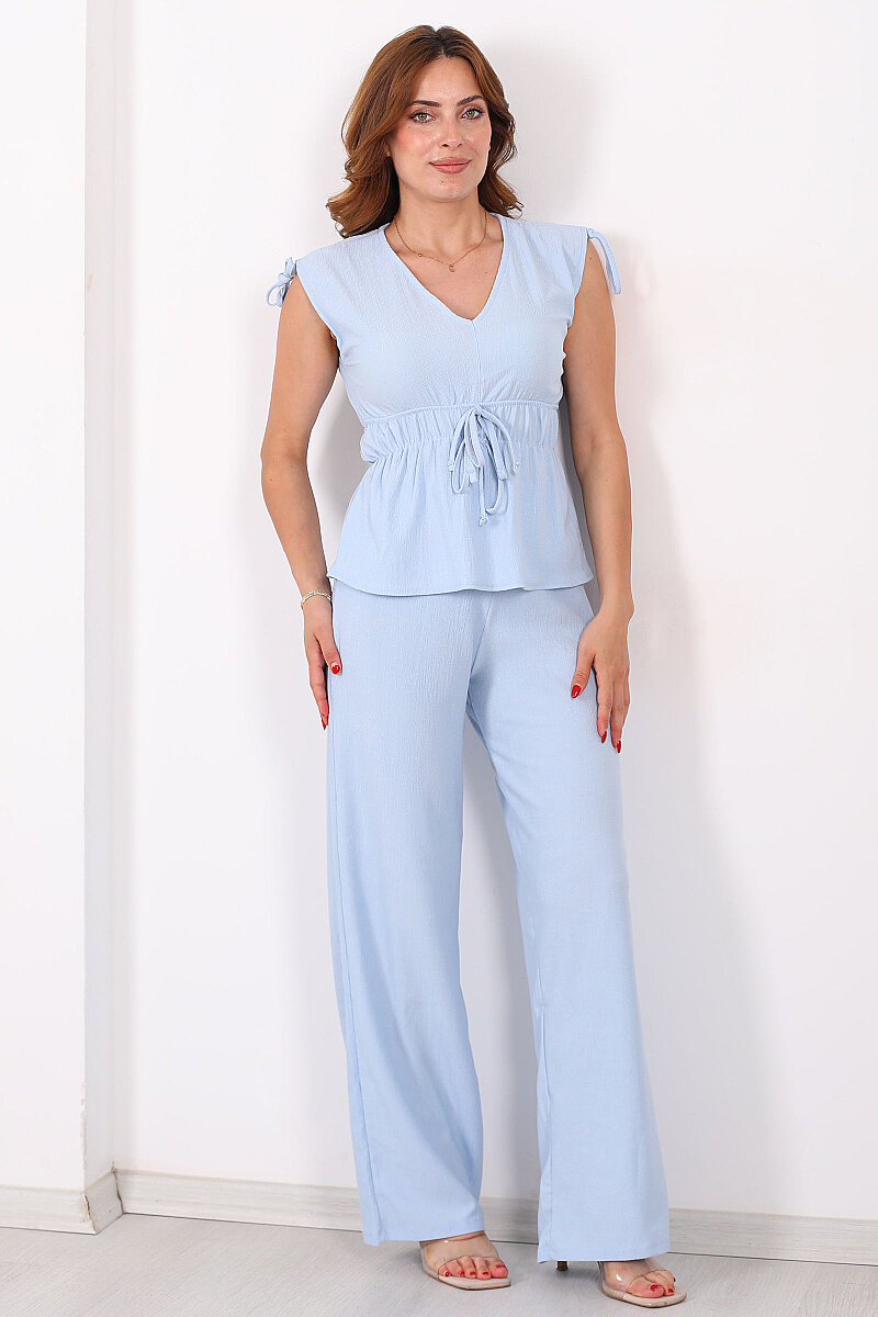 Belden Büzgülü Bluz Pantolon Bebe Mavi Kadın Takım - 4