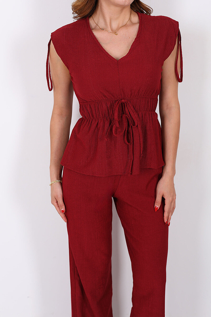 Belden Büzgülü Bluz Pantolon Bordo Kadın Takım - 2