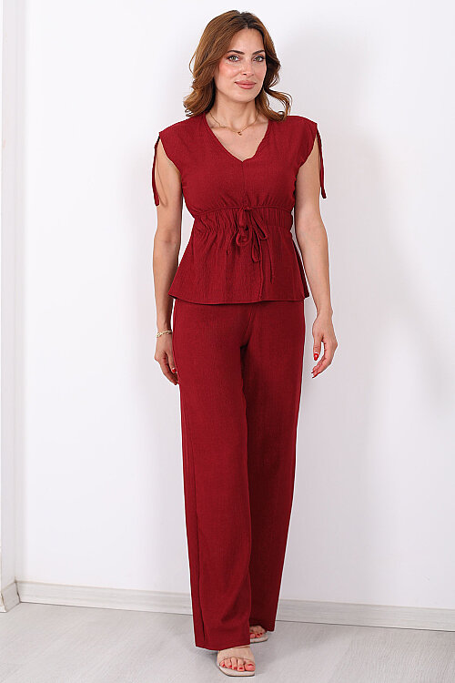 Belden Büzgülü Bluz Pantolon Bordo Kadın Takım - 3