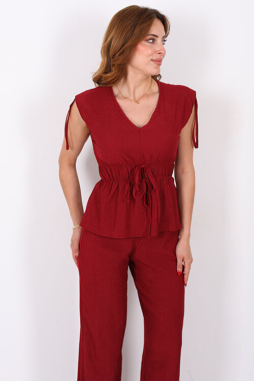 Belden Büzgülü Bluz Pantolon Bordo Kadın Takım - 4