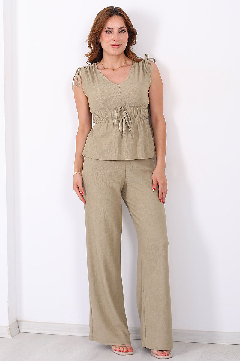 Belden Büzgülü Bluz Pantolon Haki Kadın Takım - 6