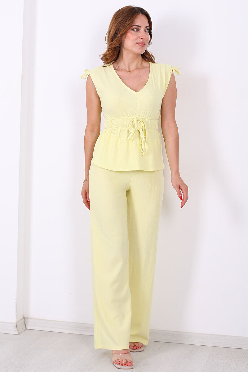 Belden Büzgülü Bluz Pantolon Sarı Kadın Takım - 6