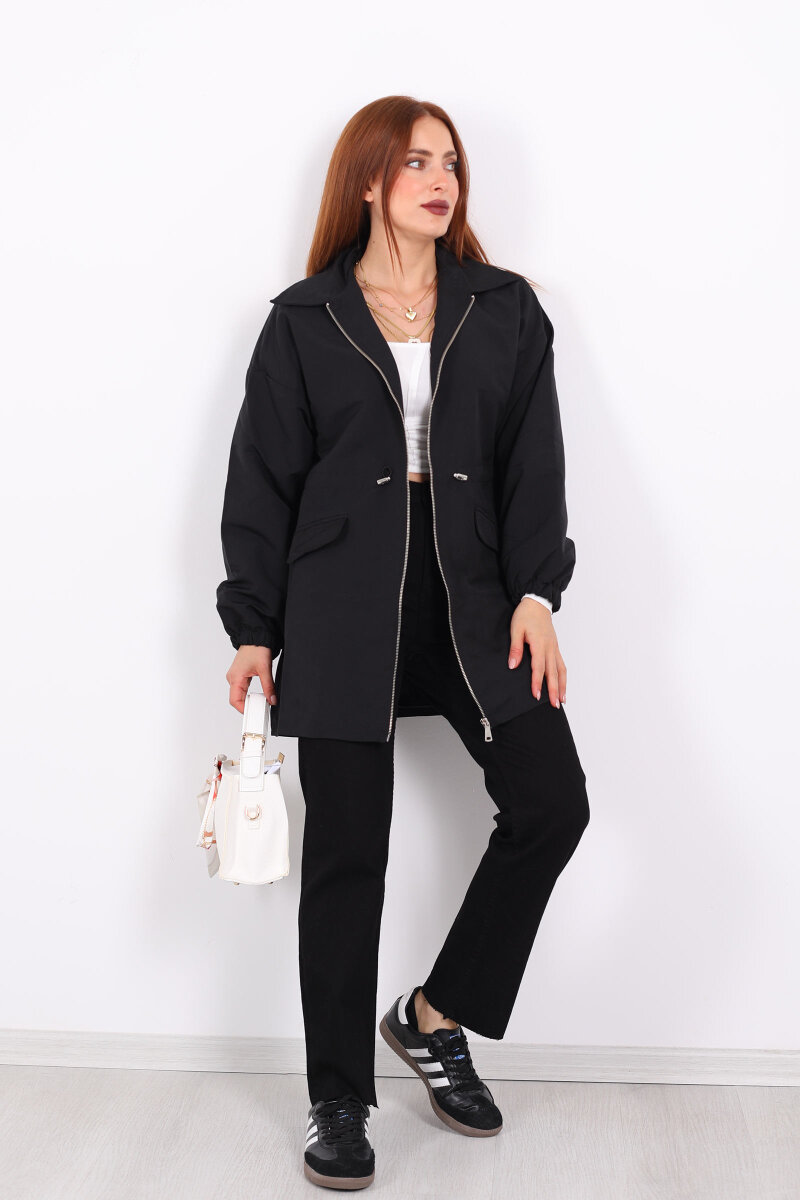 Belden Büzgülü Cep Kapaklı Siyah Kadın Ceket - 3