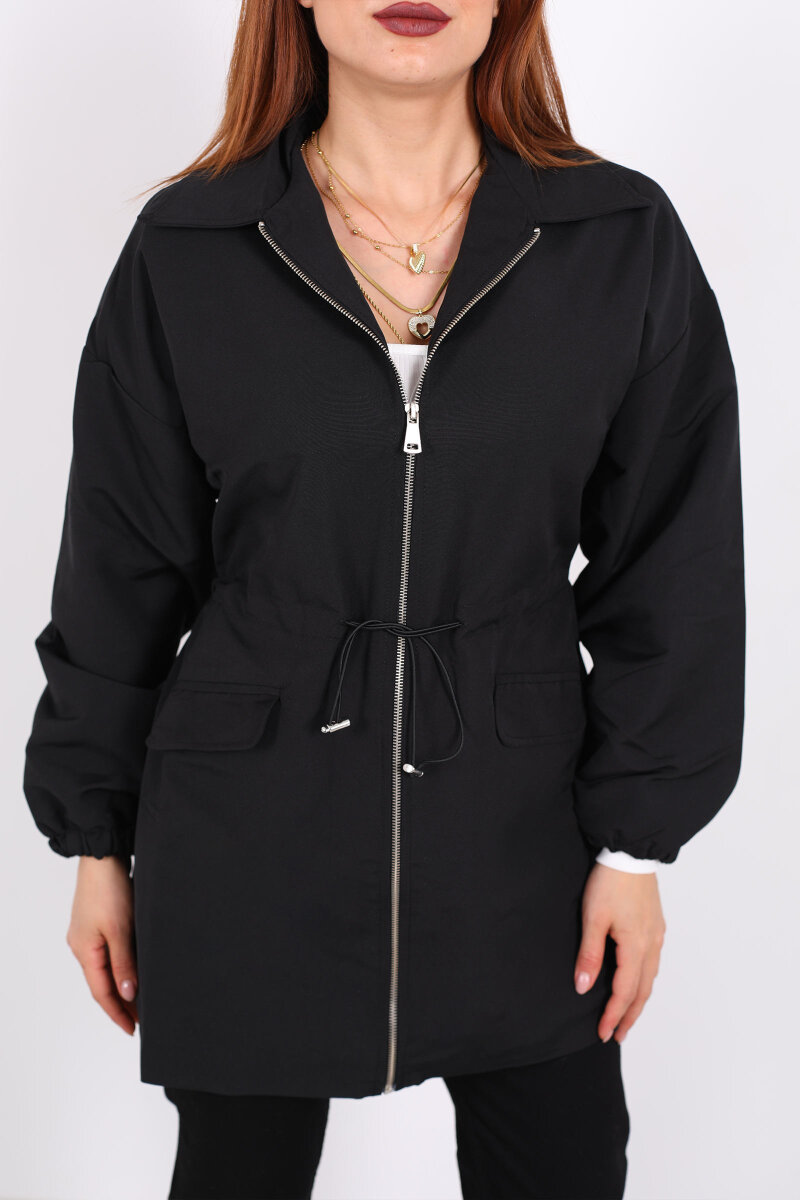 Belden Büzgülü Cep Kapaklı Siyah Kadın Ceket - 2