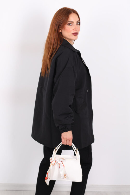 Belden Büzgülü Cep Kapaklı Siyah Kadın Ceket - 5