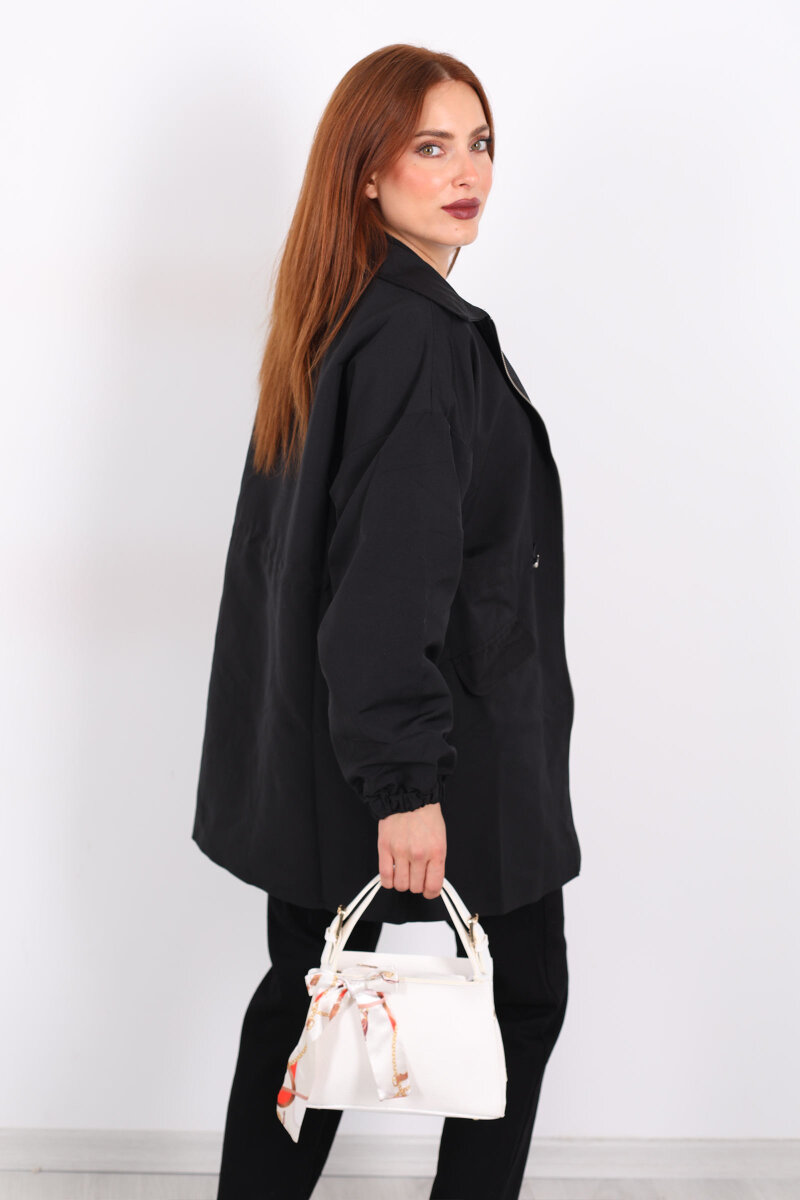 Belden Büzgülü Cep Kapaklı Siyah Kadın Ceket - 5