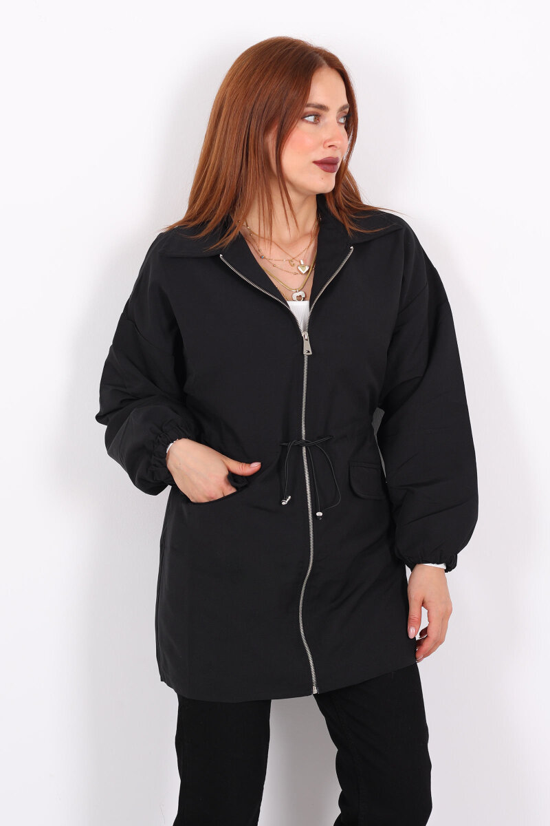 Belden Büzgülü Cep Kapaklı Siyah Kadın Ceket - 4