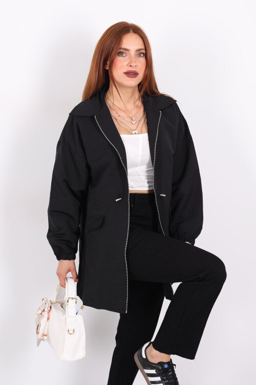 Belden Büzgülü Cep Kapaklı Siyah Kadın Ceket - Berox