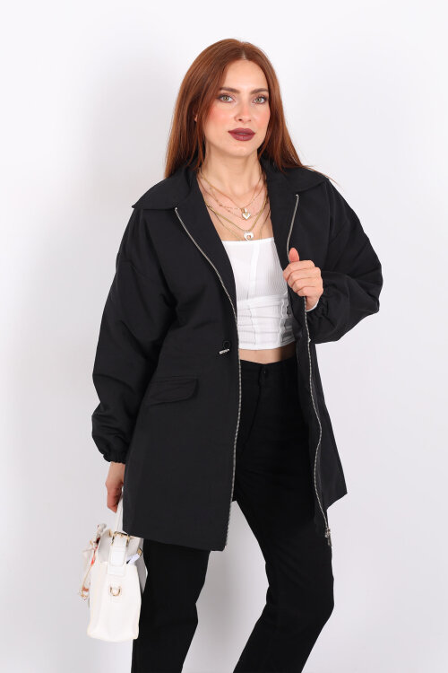 Belden Büzgülü Cep Kapaklı Siyah Kadın Ceket - 6