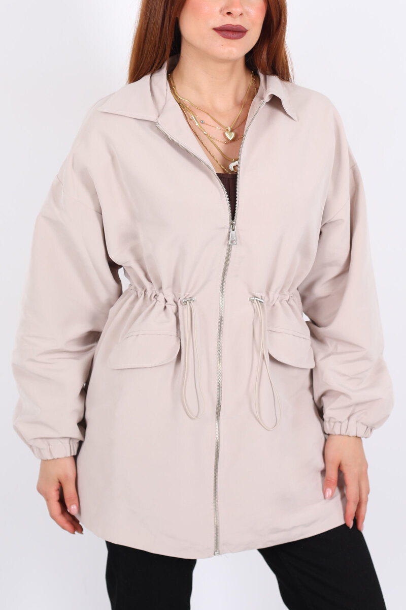 Belden Büzgülü Cep Kapaklı Taş Rengi Kadın Ceket - 2