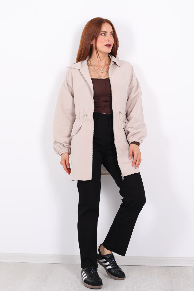 Belden Büzgülü Cep Kapaklı Taş Rengi Kadın Ceket - 3