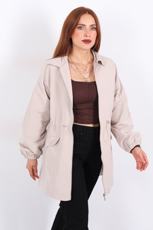 Belden Büzgülü Cep Kapaklı Taş Rengi Kadın Ceket - 4