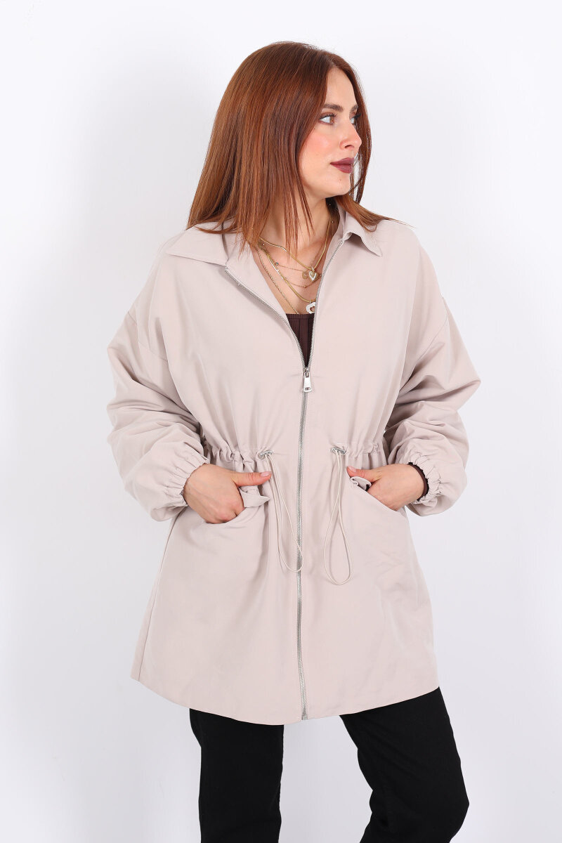 Belden Büzgülü Cep Kapaklı Taş Rengi Kadın Ceket - 1