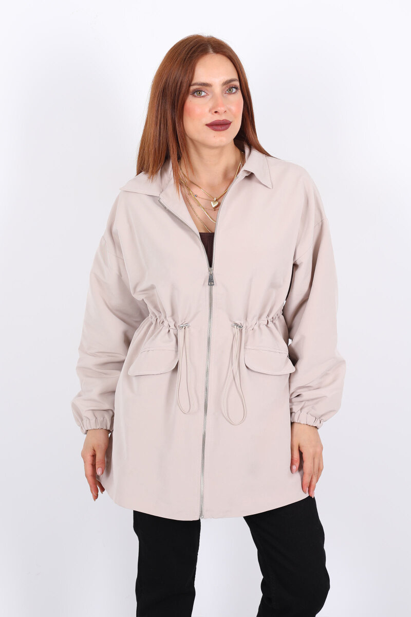 Belden Büzgülü Cep Kapaklı Taş Rengi Kadın Ceket - 5