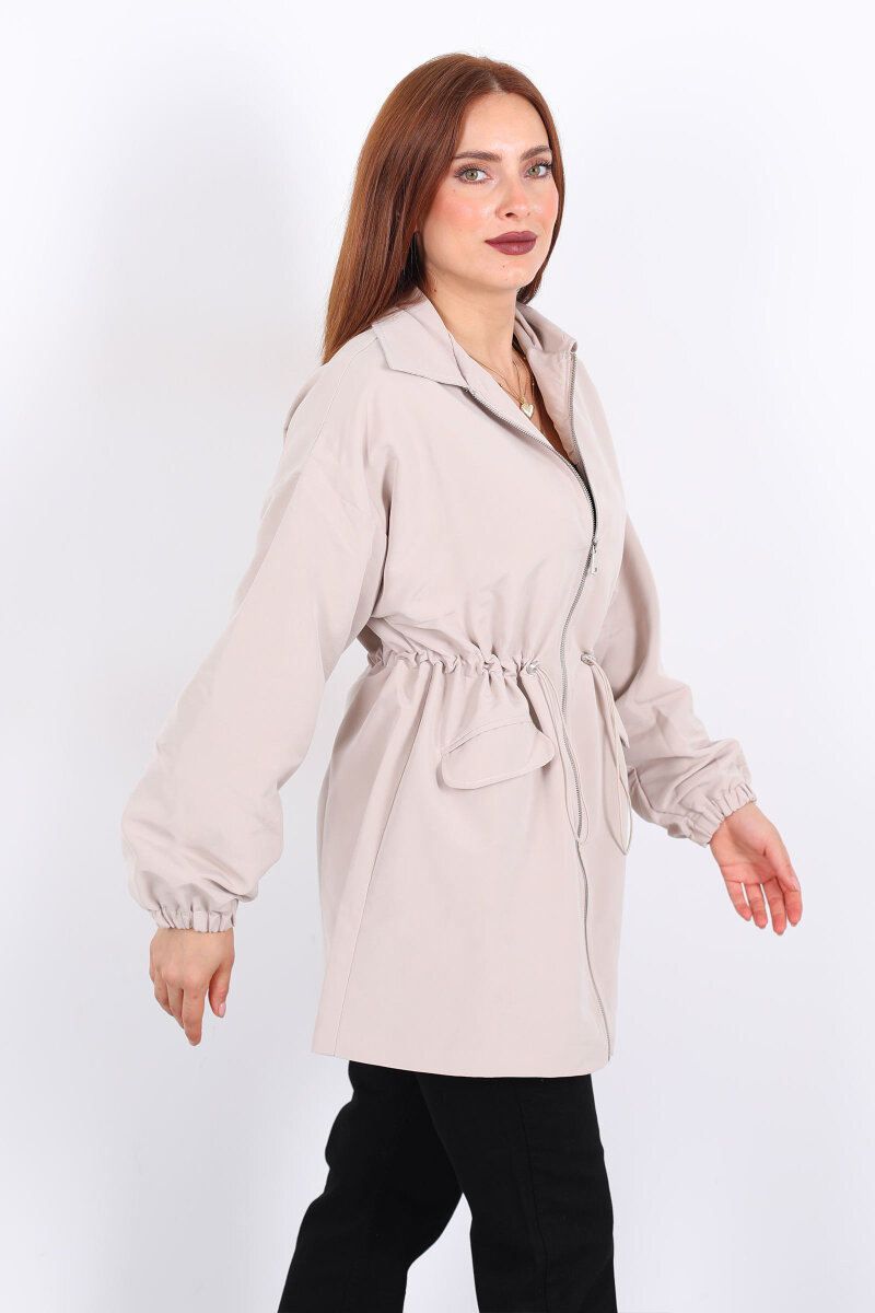 Belden Büzgülü Cep Kapaklı Taş Rengi Kadın Ceket - 7