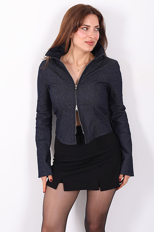 Belden Oturtmalı Çift Fermuarlı Kadın Lacivert Denim Ceket - 4