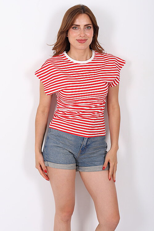 Belden Oturtmalı Kolsuz Kırmızı Kadın Çizgili T-Shirt - 4