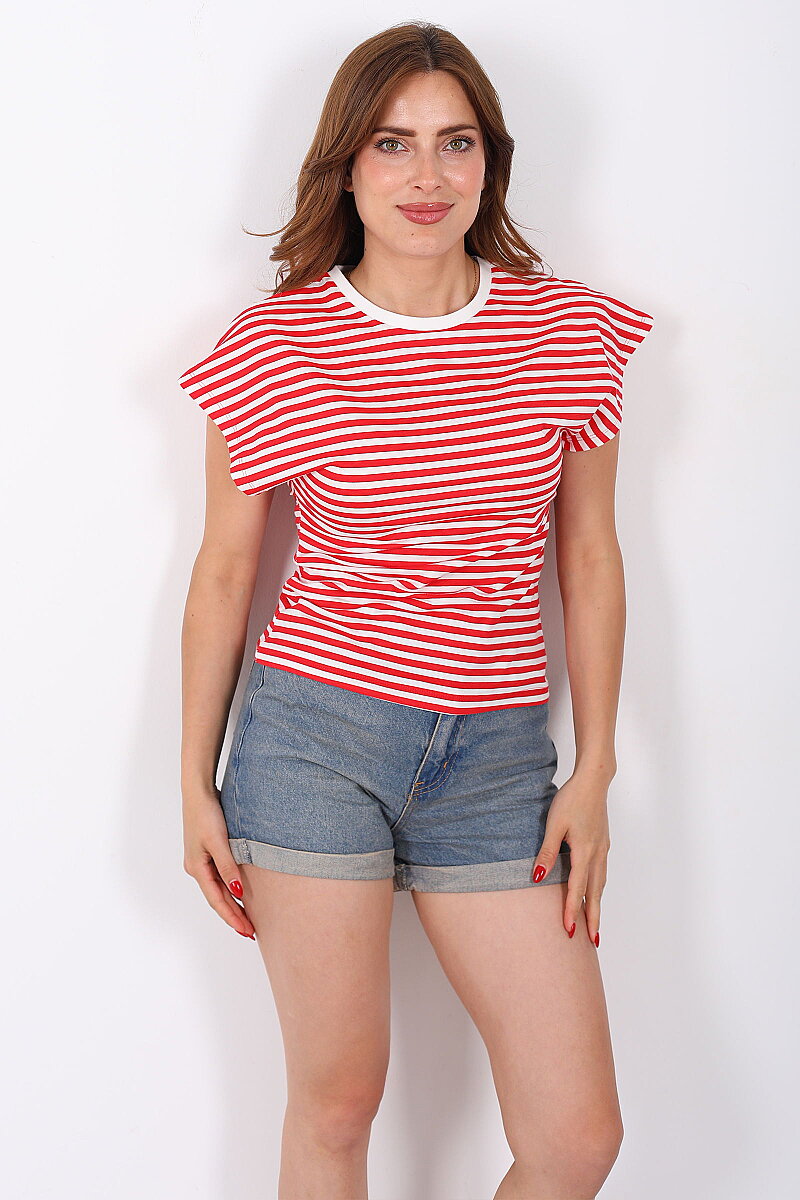Belden Oturtmalı Kolsuz Kırmızı Kadın Çizgili T-Shirt - 4