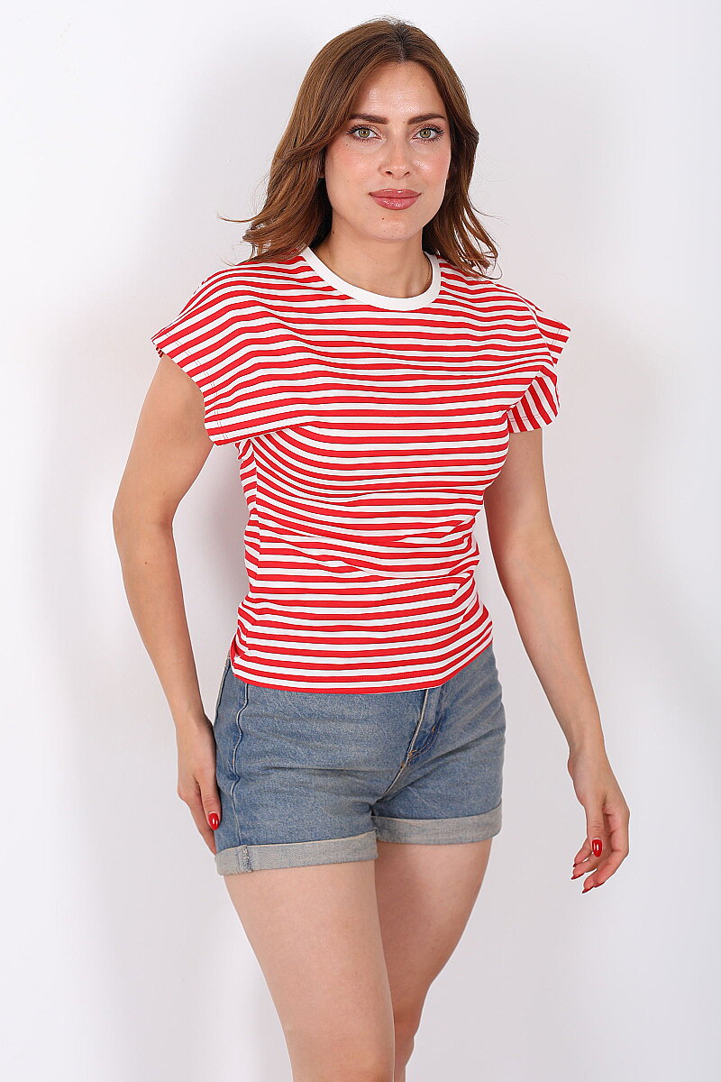 Belden Oturtmalı Kolsuz Kırmızı Kadın Çizgili T-Shirt - 3