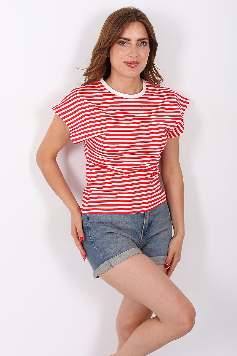 Belden Oturtmalı Kolsuz Kırmızı Kadın Çizgili T-Shirt - 1
