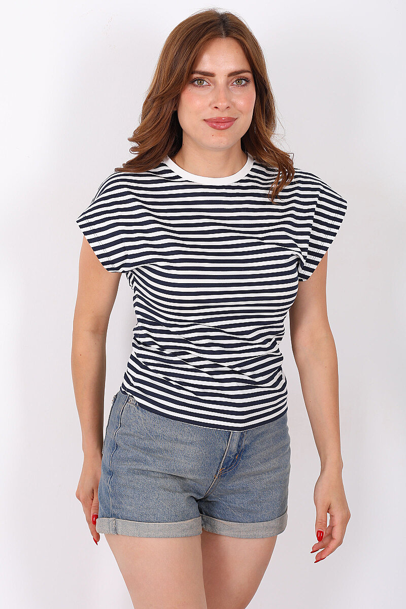Belden Oturtmalı Kolsuz Lacivert Kadın Çizgili T-Shirt - 5