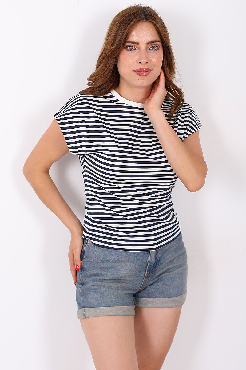 Belden Oturtmalı Kolsuz Lacivert Kadın Çizgili T-Shirt - 1