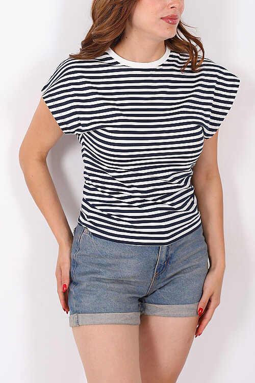 Belden Oturtmalı Kolsuz Lacivert Kadın Çizgili T-Shirt - Berox (1)